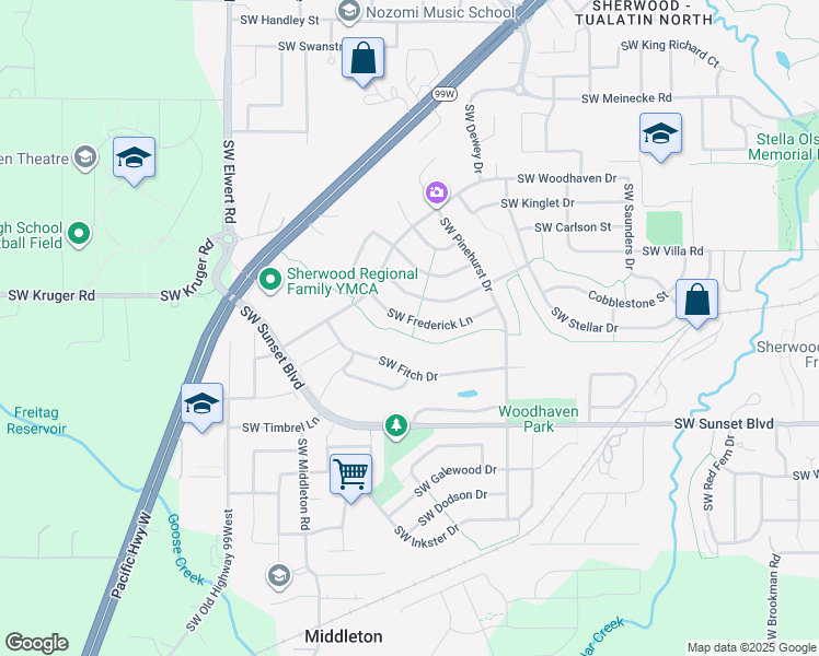 map of restaurants, bars, coffee shops, grocery stores, and more near 17828 Southwest Frederick Lane in Sherwood