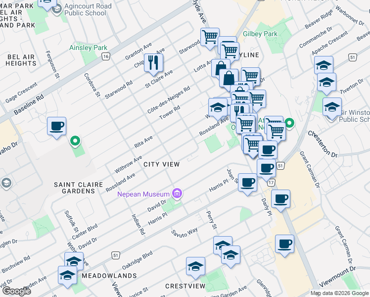map of restaurants, bars, coffee shops, grocery stores, and more near in Ottawa