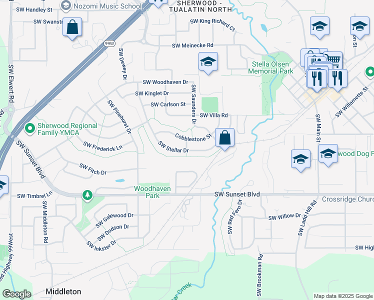 map of restaurants, bars, coffee shops, grocery stores, and more near 16899 Southwest Stellar Drive in Sherwood