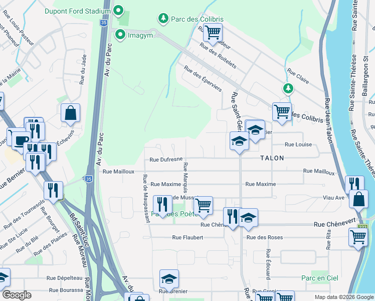 map of restaurants, bars, coffee shops, grocery stores, and more near 185 Rue Marquis in Saint-Jean-sur-Richelieu