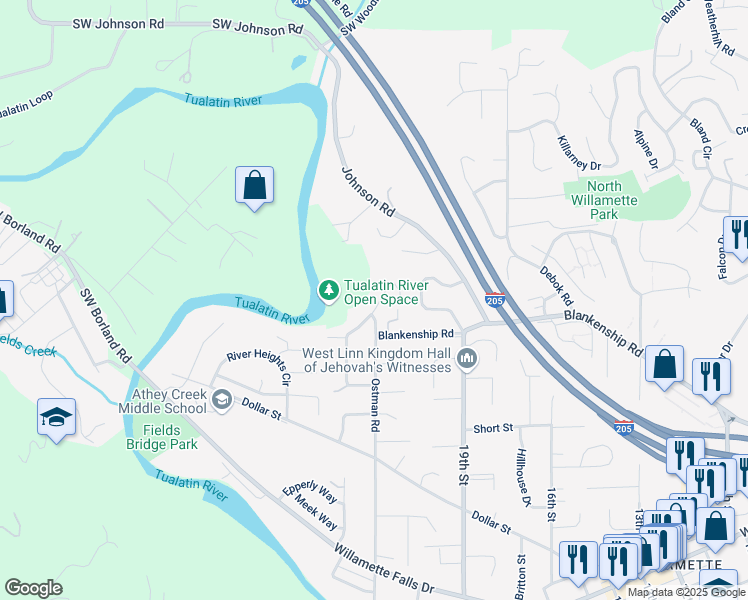 map of restaurants, bars, coffee shops, grocery stores, and more near 2410 Michael Drive in West Linn