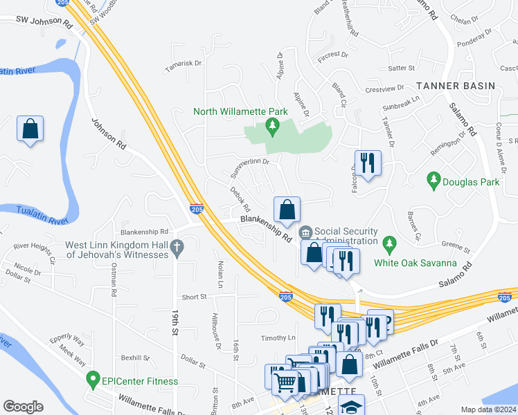 map of restaurants, bars, coffee shops, grocery stores, and more near 901 Springtree Lane in West Linn