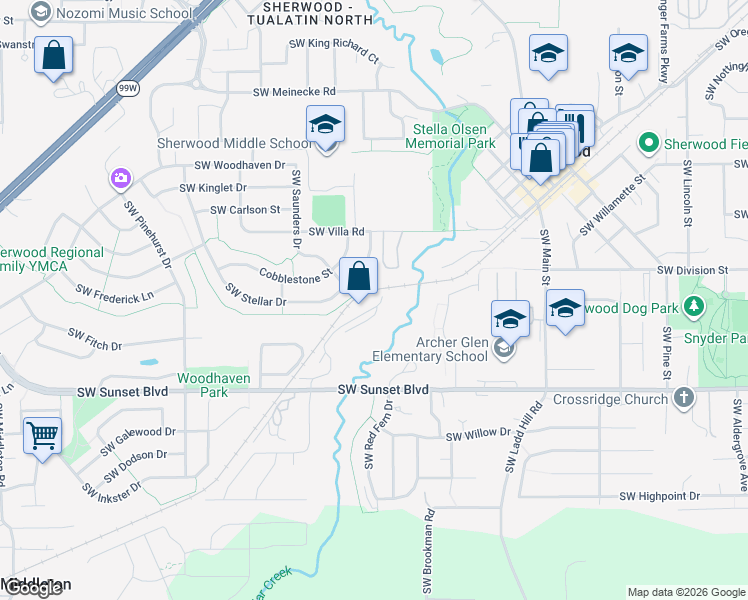 map of restaurants, bars, coffee shops, grocery stores, and more near 23123 Southwest Greengate Place in Sherwood