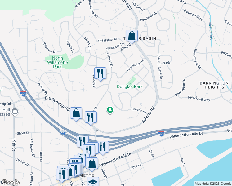 map of restaurants, bars, coffee shops, grocery stores, and more near 1826 Barnes Circle in West Linn