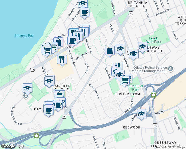 map of restaurants, bars, coffee shops, grocery stores, and more near in Ottawa