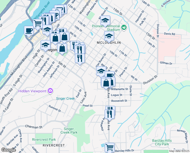map of restaurants, bars, coffee shops, grocery stores, and more near 605 Harrison Street in Oregon City