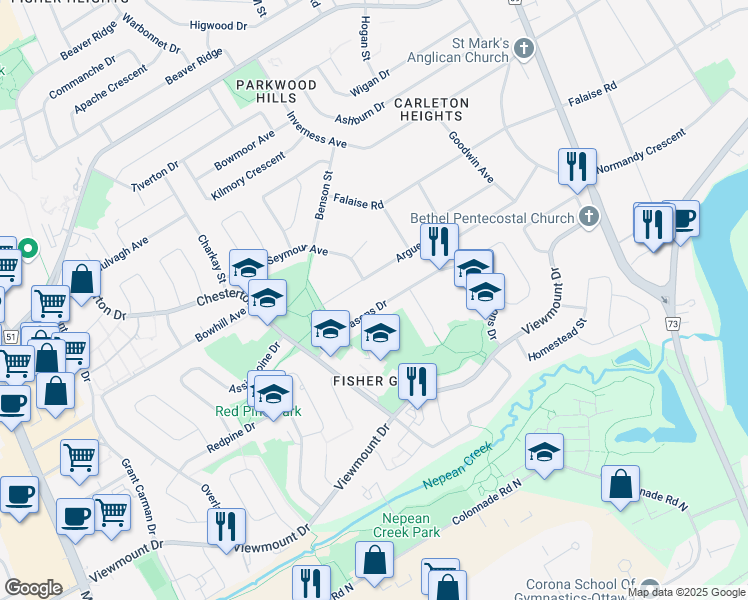 map of restaurants, bars, coffee shops, grocery stores, and more near 101 Four Seasons Drive in Ottawa