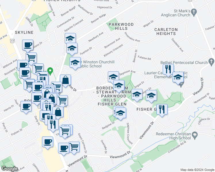 map of restaurants, bars, coffee shops, grocery stores, and more near 114 Chesterton Drive in Ottawa
