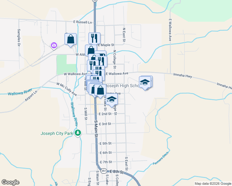 map of restaurants, bars, coffee shops, grocery stores, and more near 104 North College Street in Joseph