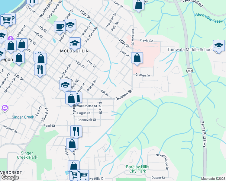 map of restaurants, bars, coffee shops, grocery stores, and more near 1909 9th Street in Oregon City