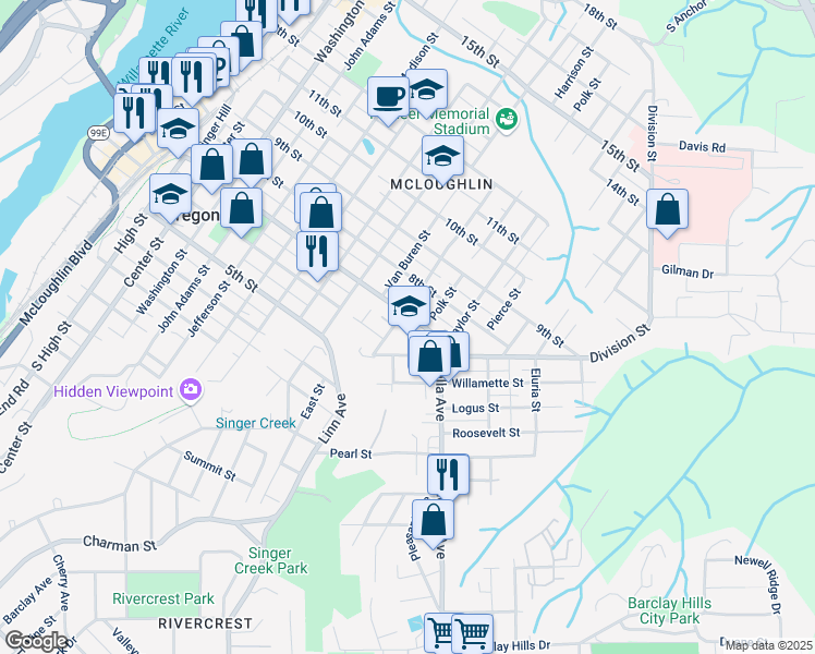 map of restaurants, bars, coffee shops, grocery stores, and more near 1404 7th Street in Oregon City