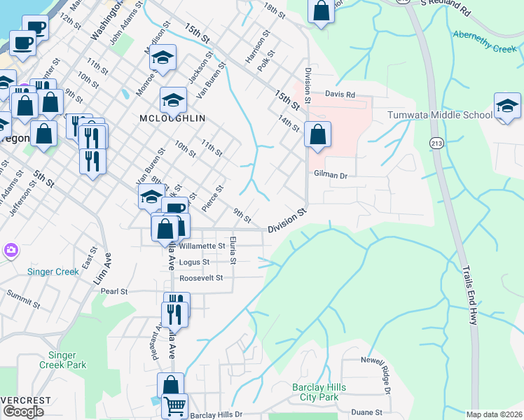 map of restaurants, bars, coffee shops, grocery stores, and more near 1909 9th Street in Oregon City