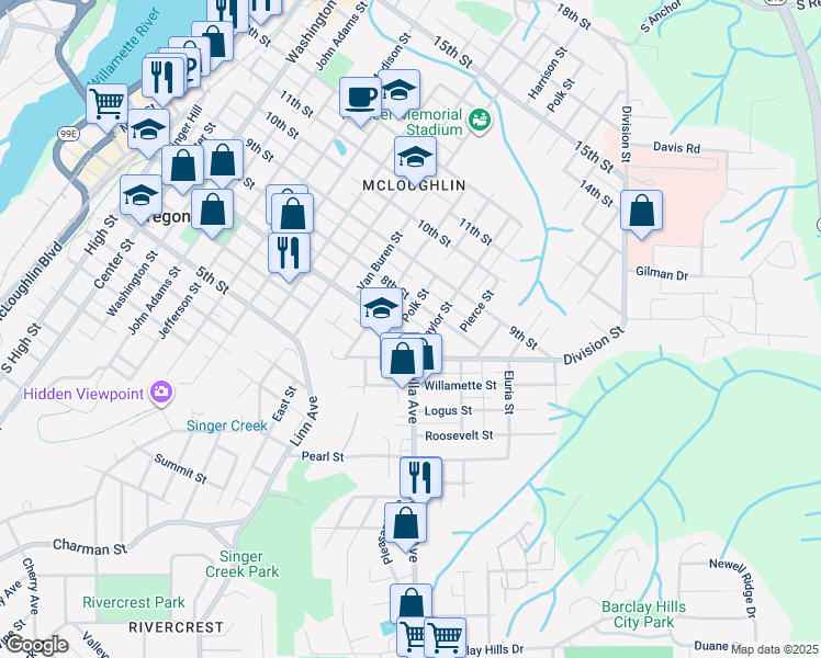 map of restaurants, bars, coffee shops, grocery stores, and more near 710 Polk Street in Oregon City