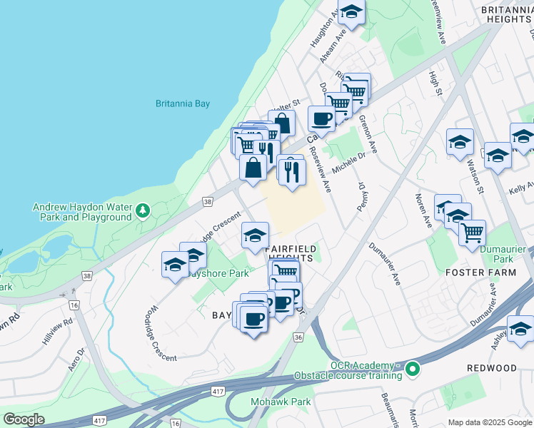 map of restaurants, bars, coffee shops, grocery stores, and more near 23 Bayshore Drive in Ottawa
