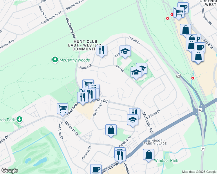 map of restaurants, bars, coffee shops, grocery stores, and more near 136 Darlington Private in Ottawa