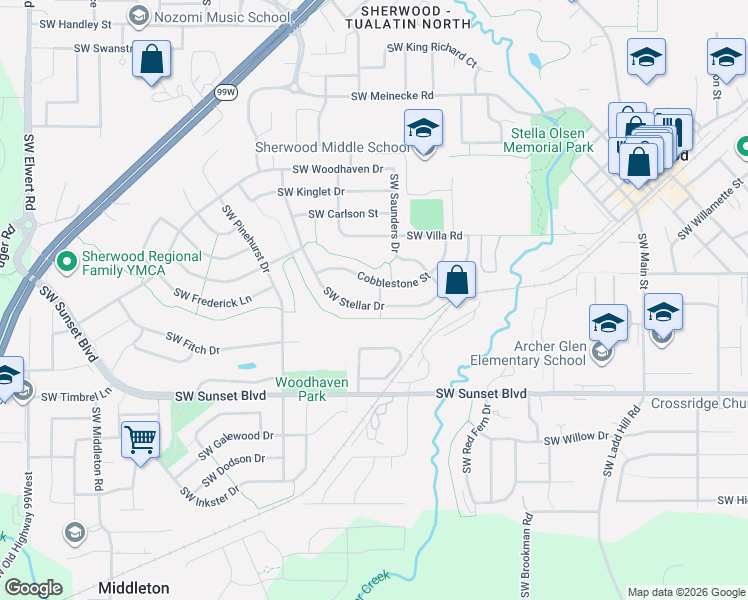 map of restaurants, bars, coffee shops, grocery stores, and more near 16909 Southwest Stellar Drive in Sherwood
