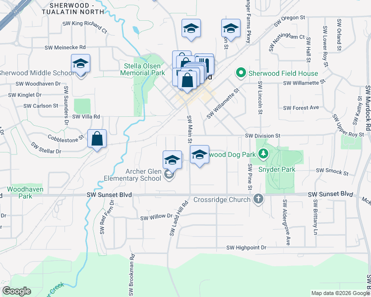 map of restaurants, bars, coffee shops, grocery stores, and more near 23051 Southwest Main Street in Sherwood