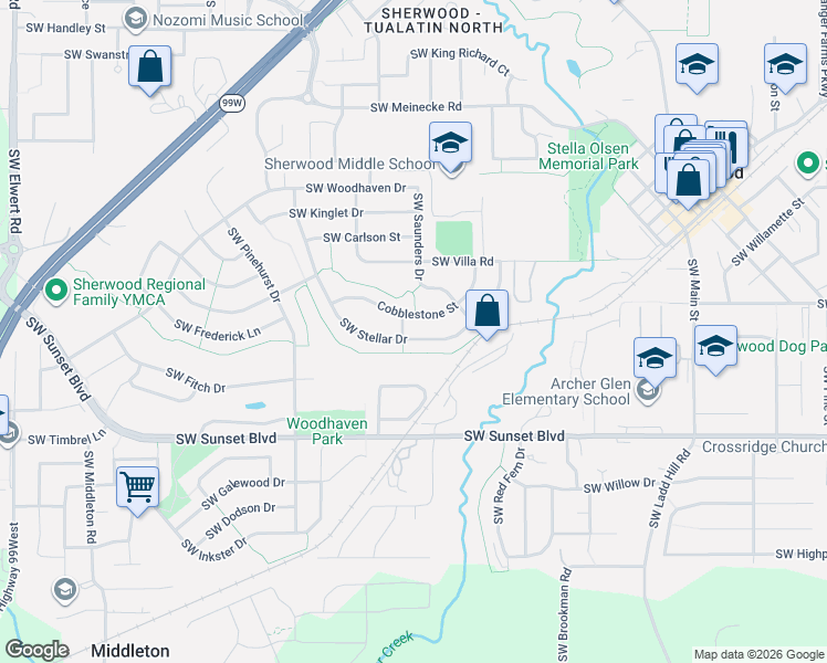 map of restaurants, bars, coffee shops, grocery stores, and more near 16909 Southwest Stellar Drive in Sherwood