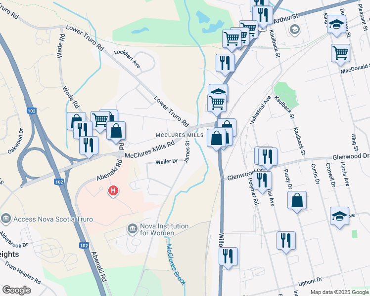 map of restaurants, bars, coffee shops, grocery stores, and more near 38 James Street in Truro