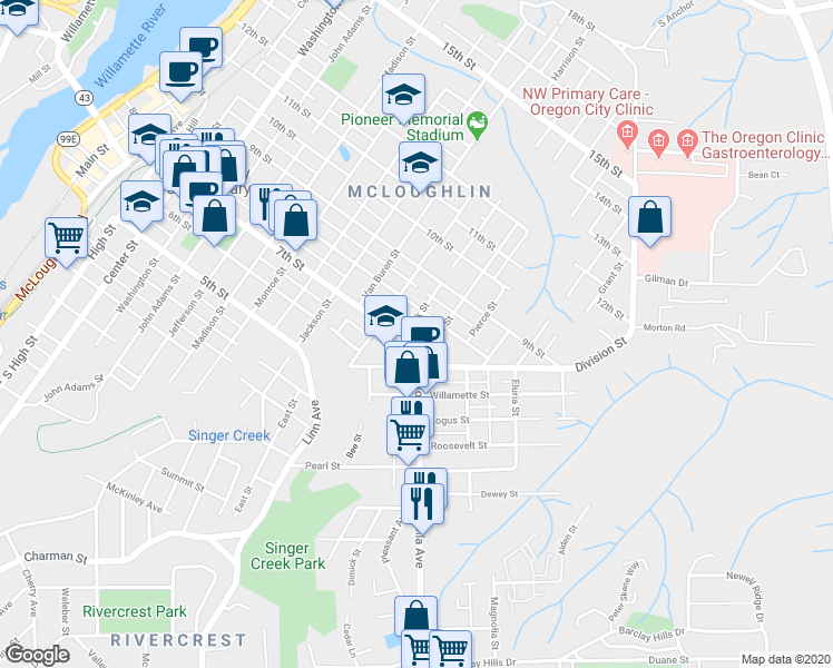map of restaurants, bars, coffee shops, grocery stores, and more near 1515 7th Street in Oregon City