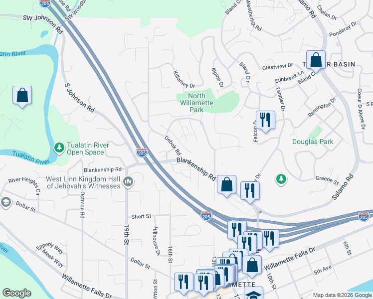 map of restaurants, bars, coffee shops, grocery stores, and more near 901 Springtree Lane in West Linn
