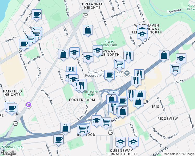 map of restaurants, bars, coffee shops, grocery stores, and more near in Ottawa