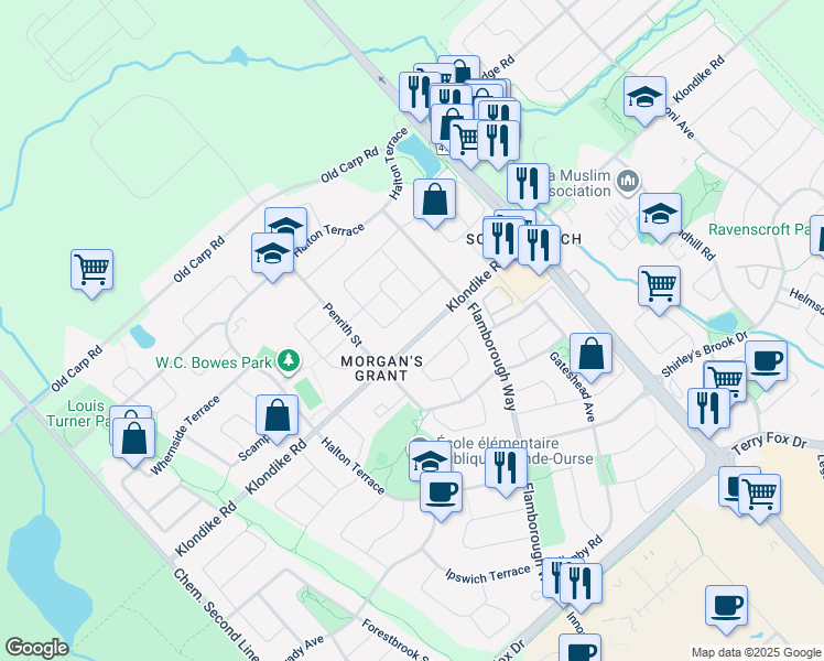map of restaurants, bars, coffee shops, grocery stores, and more near 1165 Klondike Road in Ottawa