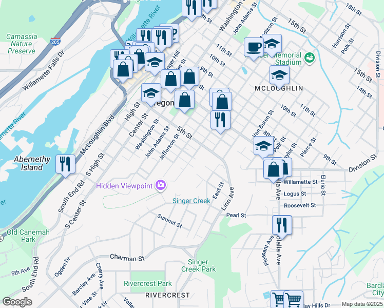 map of restaurants, bars, coffee shops, grocery stores, and more near 401 Monroe Street in Oregon City