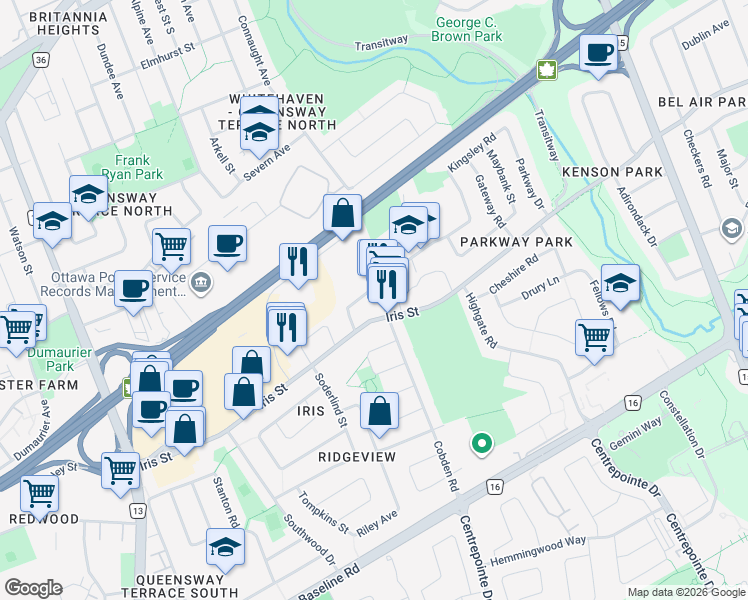 map of restaurants, bars, coffee shops, grocery stores, and more near 1120 Cobden Road in Ottawa