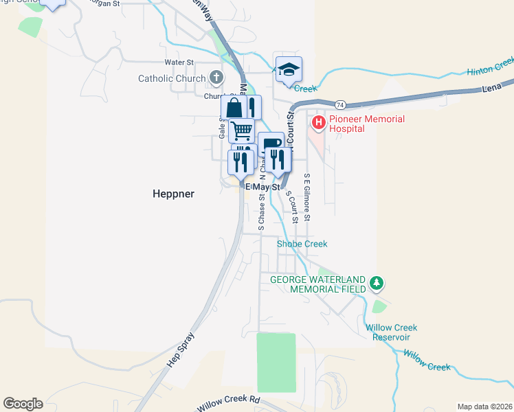 map of restaurants, bars, coffee shops, grocery stores, and more near 185 South Chase Street in Heppner