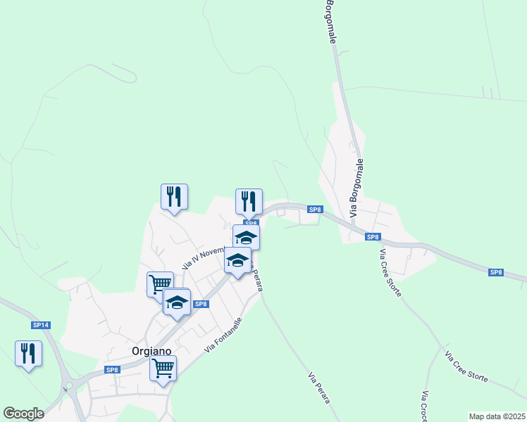 map of restaurants, bars, coffee shops, grocery stores, and more near 24 SP8 in Orgiano