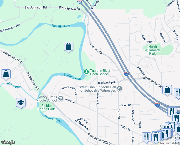 map of restaurants, bars, coffee shops, grocery stores, and more near 2414 Michael Drive in West Linn