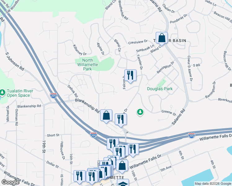 map of restaurants, bars, coffee shops, grocery stores, and more near 5105 Summerlinn Way in West Linn