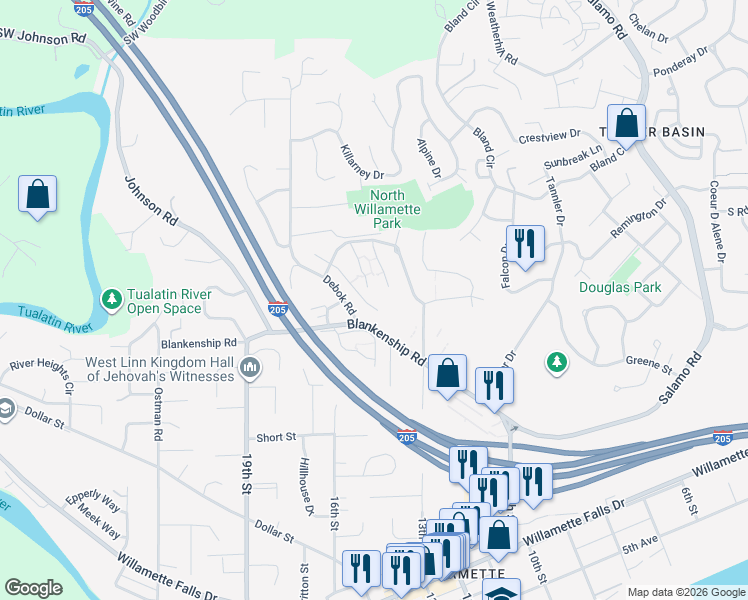 map of restaurants, bars, coffee shops, grocery stores, and more near 901 Springtree Lane in West Linn