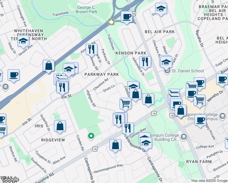 map of restaurants, bars, coffee shops, grocery stores, and more near in Ottawa