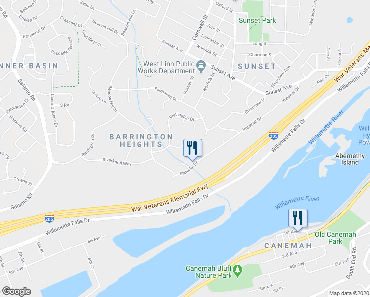 map of restaurants, bars, coffee shops, grocery stores, and more near 3832 Wellington Court in West Linn
