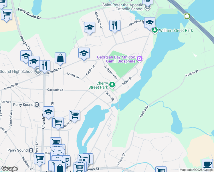 map of restaurants, bars, coffee shops, grocery stores, and more near 94 William Street in Parry Sound