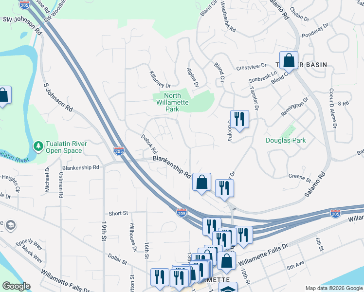 map of restaurants, bars, coffee shops, grocery stores, and more near 4195 Summerlinn Drive in West Linn