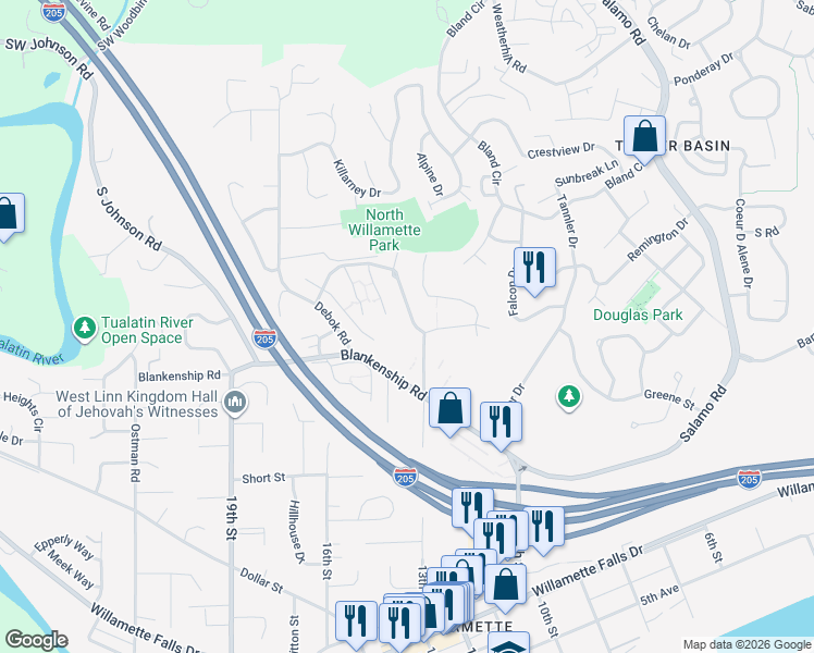 map of restaurants, bars, coffee shops, grocery stores, and more near 4195 Summerlinn Drive in West Linn