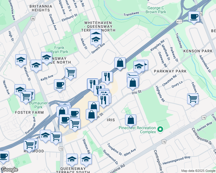 map of restaurants, bars, coffee shops, grocery stores, and more near 1101 Baxter Road in Ottawa
