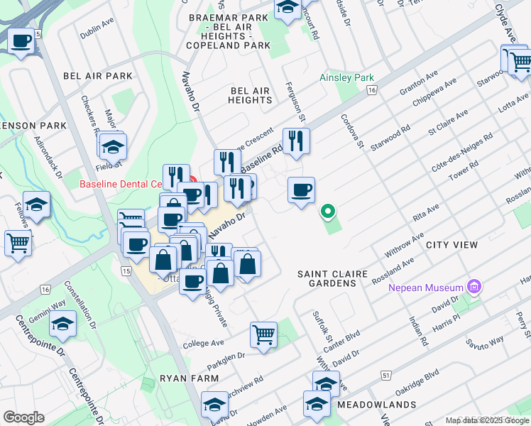 map of restaurants, bars, coffee shops, grocery stores, and more near 45 Deerfield Drive in Ottawa