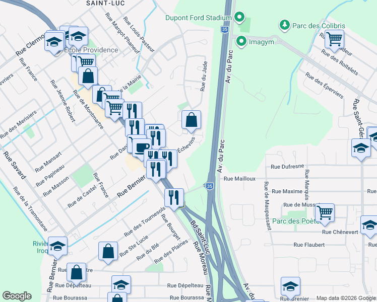map of restaurants, bars, coffee shops, grocery stores, and more near 61 Rue des Échevins in Saint-Jean-sur-Richelieu