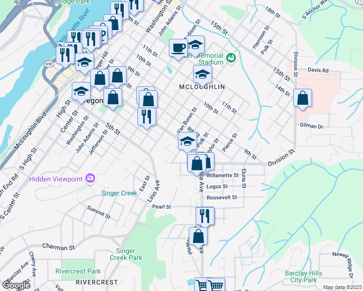 map of restaurants, bars, coffee shops, grocery stores, and more near 1404 7th Street in Oregon City