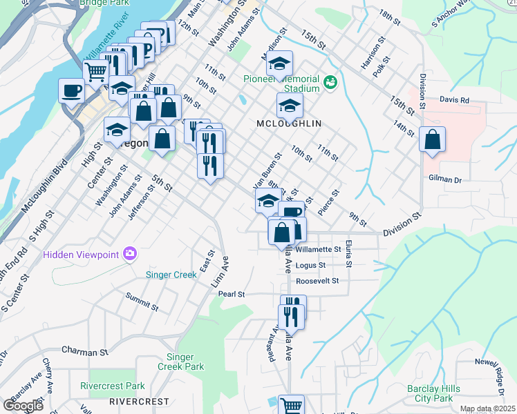 map of restaurants, bars, coffee shops, grocery stores, and more near 1404 7th Street in Oregon City