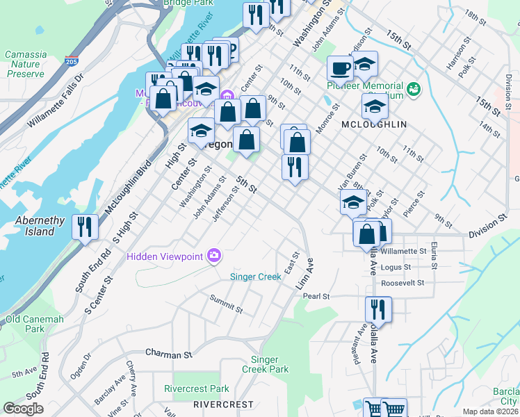 map of restaurants, bars, coffee shops, grocery stores, and more near 401 Monroe Street in Oregon City