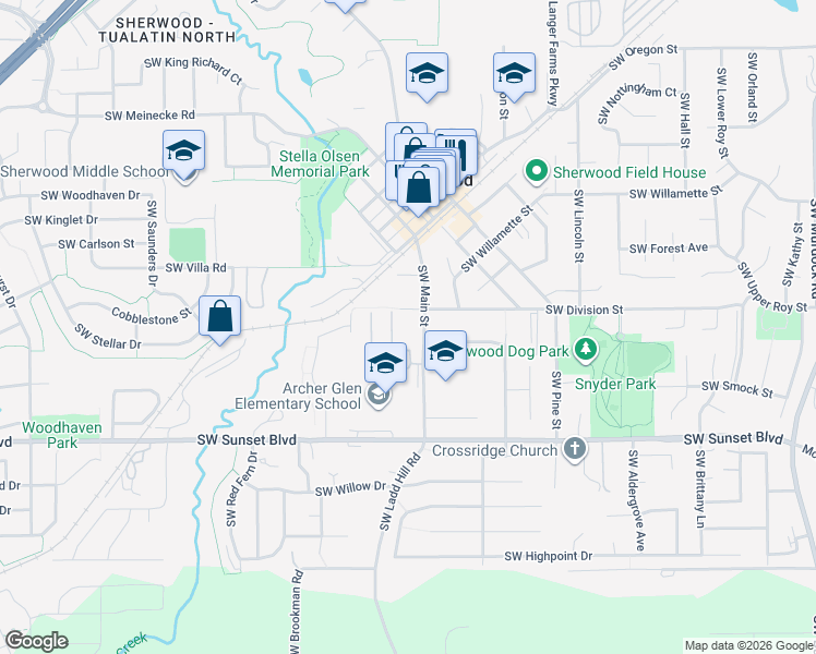 map of restaurants, bars, coffee shops, grocery stores, and more near 23051 Southwest Main Street in Sherwood