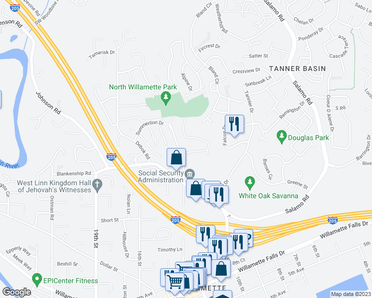 map of restaurants, bars, coffee shops, grocery stores, and more near 4240 Summerlinn Drive in West Linn