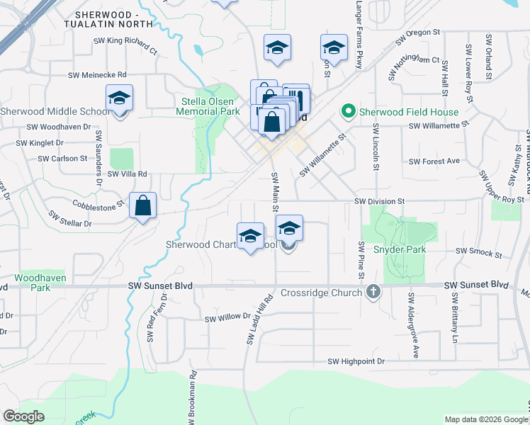 map of restaurants, bars, coffee shops, grocery stores, and more near 23077 Southwest Main Street in Sherwood