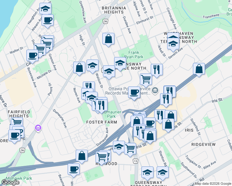 map of restaurants, bars, coffee shops, grocery stores, and more near 1015 Pinecrest Road in Ottawa