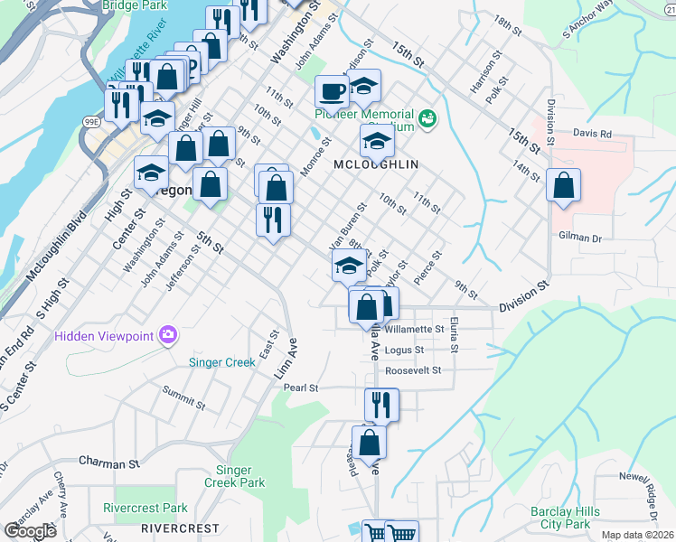 map of restaurants, bars, coffee shops, grocery stores, and more near 1404 7th Street in Oregon City